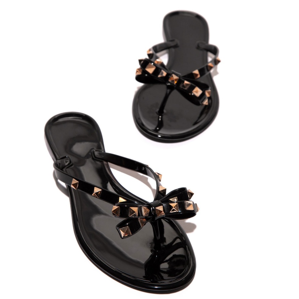 New Black Thong Open Toe Gold Studded Bow Jelly Slide Flat Sandal Flip Flops - Picture 3 of 5